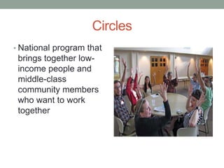 Circles
• National program that
brings together low-
income people and
middle-class
community members
who want to work
together
 