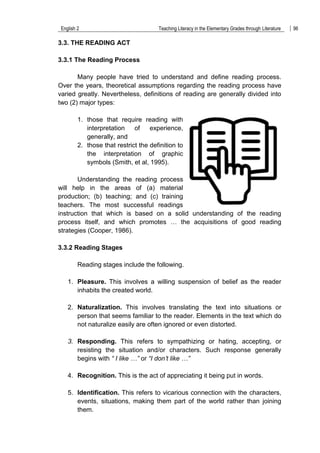 English 2 Teaching Literacy in the Elementary Grades through Literature 96
3.3. THE READING ACT
3.3.1 The Reading Process
Many people have tried to understand and define reading process.
Over the years, theoretical assumptions regarding the reading process have
varied greatly. Nevertheless, definitions of reading are generally divided into
two (2) major types:
1. those that require reading with
interpretation of experience,
generally, and
2. those that restrict the definition to
the interpretation of graphic
symbols (Smith, et al, 1995).
Understanding the reading process
will help in the areas of (a) material
production; (b) teaching; and (c) training
teachers. The most successful readings
instruction that which is based on a solid understanding of the reading
process itself, and which promotes … the acquisitions of good reading
strategies (Cooper, 1986).
3.3.2 Reading Stages
Reading stages include the following.
1. Pleasure. This involves a willing suspension of belief as the reader
inhabits the created world.
2. Naturalization. This involves translating the text into situations or
person that seems familiar to the reader. Elements in the text which do
not naturalize easily are often ignored or even distorted.
3. Responding. This refers to sympathizing or hating, accepting, or
resisting the situation and/or characters. Such response generally
begins with “ I like …” or “I don’t like …”
4. Recognition. This is the act of appreciating it being put in words.
5. Identification. This refers to vicarious connection with the characters,
events, situations, making them part of the world rather than joining
them.
 