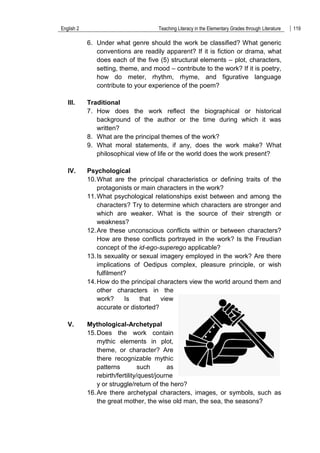 English 2 Teaching Literacy in the Elementary Grades through Literature 119
6. Under what genre should the work be classified? What generic
conventions are readily apparent? If it is fiction or drama, what
does each of the five (5) structural elements – plot, characters,
setting, theme, and mood – contribute to the work? If it is poetry,
how do meter, rhythm, rhyme, and figurative language
contribute to your experience of the poem?
III. Traditional
7. How does the work reflect the biographical or historical
background of the author or the time during which it was
written?
8. What are the principal themes of the work?
9. What moral statements, if any, does the work make? What
philosophical view of life or the world does the work present?
IV. Psychological
10.What are the principal characteristics or defining traits of the
protagonists or main characters in the work?
11.What psychological relationships exist between and among the
characters? Try to determine which characters are stronger and
which are weaker. What is the source of their strength or
weakness?
12.Are these unconscious conflicts within or between characters?
How are these conflicts portrayed in the work? Is the Freudian
concept of the id-ego-superego applicable?
13.Is sexuality or sexual imagery employed in the work? Are there
implications of Oedipus complex, pleasure principle, or wish
fulfilment?
14.How do the principal characters view the world around them and
other characters in the
work? Is that view
accurate or distorted?
V. Mythological-Archetypal
15.Does the work contain
mythic elements in plot,
theme, or character? Are
there recognizable mythic
patterns such as
rebirth/fertility/quest/journe
y or struggle/return of the hero?
16.Are there archetypal characters, images, or symbols, such as
the great mother, the wise old man, the sea, the seasons?
 
