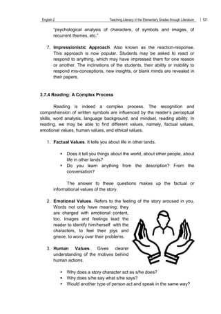 English 2 Teaching Literacy in the Elementary Grades through Literature 121
“psychological analysis of characters, of symbols and images, of
recurrent themes, etc.”
7. Impressionistic Approach. Also known as the reaction-response.
This approach is now popular. Students may be asked to react or
respond to anything, which may have impressed them for one reason
or another. The inclinations of the students, their ability or inability to
respond mis-conceptions, new insights, or blank minds are revealed in
their papers.
3.7.4 Reading: A Complex Process
Reading is indeed a complex process. The recognition and
comprehension of written symbols are influenced by the reader‟s perceptual
skills, word analysis, language background, and mindset, reading ability. In
reading, we may be able to find different values, namely, factual values,
emotional values, human values, and ethical values.
1. Factual Values. It tells you about life in other lands.
 Does it tell you things about the world, about other people, about
life in other lands?
 Do you learn anything from the description? From the
conversation?
The answer to these questions makes up the factual or
informational values of the story.
2. Emotional Values. Refers to the feeling of the story aroused in you.
Words not only have meaning; they
are charged with emotional content,
too. Images and feelings lead the
reader to identify him/herself with the
characters, to feel their joys and
grieve, to worry over their problems.
3. Human Values. Gives clearer
understanding of the motives behind
human actions.
 Why does a story character act as s/he does?
 Why does s/he say what s/he says?
 Would another type of person act and speak in the same way?
 