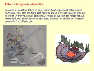 Entorn i integració urbanística

La càvea es construí sobre un pujol, aprofitant el pendent natural de la
muntanya, tal i com era típic dels teatres grecs. Es trobava als afores de
la ciutat (Pidhavro, actual Epidaure), situada al sud-est del Peloponès. La
integració amb el paisatge era perfecta, mostrant la relació art i natura
propia de l’art clàssic grec.
 
