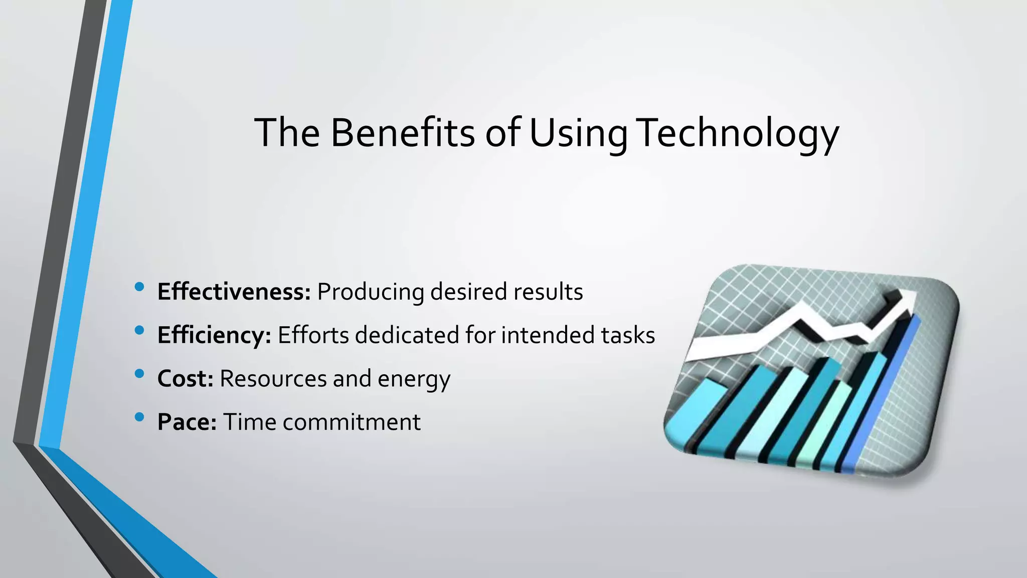 The Benefits of Using Technology 
• Effectiveness: Producing desired results 
• Efficiency: Efforts dedicated for intended tasks 
• Cost: Resources and energy 
• Pace: Time commitment 
 