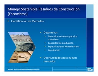 Manejo Sostenible Residuos de Construcción
(Escombros)
• Identificación de Mercados:


                                             • Determinar:
                                                • Mercados existentes para los
                                                  materiales
                                                • Capacidad de producción
                                                • Especificaciones Materia Prima
                                                • Localización


                                             • Oportunidades para nuevos
                                               mercados

Manejo Sostenible Residuos de Construcción
 