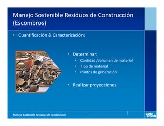 Manejo Sostenible Residuos de Construcción
(Escombros)
• Cuantificación & Caracterización:


                                             • Determinar:
                                                • Cantidad /volumen de material
                                                • Tipo de material
                                                • Puntos de generación


                                             • Realizar proyecciones




Manejo Sostenible Residuos de Construcción
 