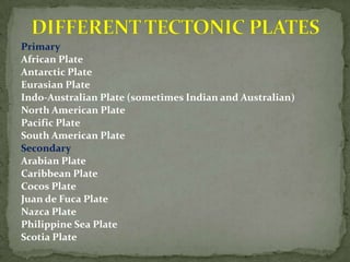 Primary
African Plate
Antarctic Plate
Eurasian Plate
Indo-Australian Plate (sometimes Indian and Australian)
North American Plate
Pacific Plate
South American Plate
Secondary
Arabian Plate
Caribbean Plate
Cocos Plate
Juan de Fuca Plate
Nazca Plate
Philippine Sea Plate
Scotia Plate
 