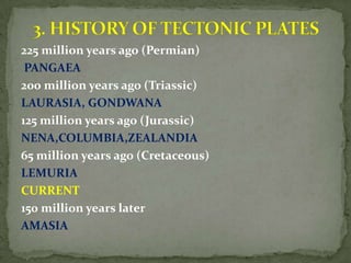 225 million years ago (Permian)
 PANGAEA
200 million years ago (Triassic)
LAURASIA, GONDWANA
125 million years ago (Jurassic)
NENA,COLUMBIA,ZEALANDIA
65 million years ago (Cretaceous)
LEMURIA
CURRENT
150 million years later
AMASIA
 