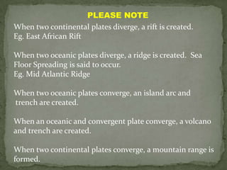 PLEASE NOTE
When two continental plates diverge, a rift is created.
Eg. East African Rift

When two oceanic plates diverge, a ridge is created. Sea
Floor Spreading is said to occur.
Eg. Mid Atlantic Ridge

When two oceanic plates converge, an island arc and
trench are created.

When an oceanic and convergent plate converge, a volcano
and trench are created.

When two continental plates converge, a mountain range is
formed.
 