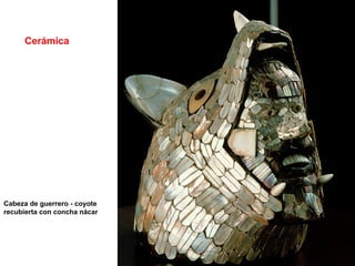 TOLTECAS Cerámica  Cabeza de guerrero - coyote recubierta con concha nácar 