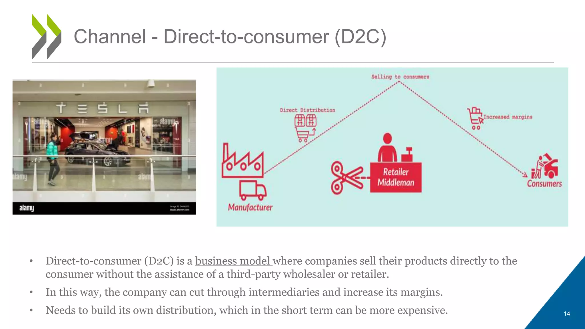 • Direct-to-consumer (D2C) is a business model where companies sell their products directly to the
consumer without the assistance of a third-party wholesaler or retailer.
• In this way, the company can cut through intermediaries and increase its margins.
• Needs to build its own distribution, which in the short term can be more expensive. 14
Channel - Direct-to-consumer (D2C)
 