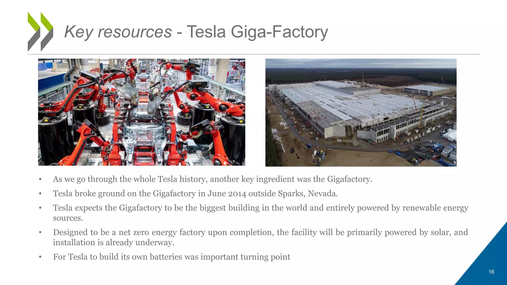 • As we go through the whole Tesla history, another key ingredient was the Gigafactory.
• Tesla broke ground on the Gigafactory in June 2014 outside Sparks, Nevada.
• Tesla expects the Gigafactory to be the biggest building in the world and entirely powered by renewable energy
sources.
• Designed to be a net zero energy factory upon completion, the facility will be primarily powered by solar, and
installation is already underway.
• For Tesla to build its own batteries was important turning point
16
Key resources - Tesla Giga-Factory
 