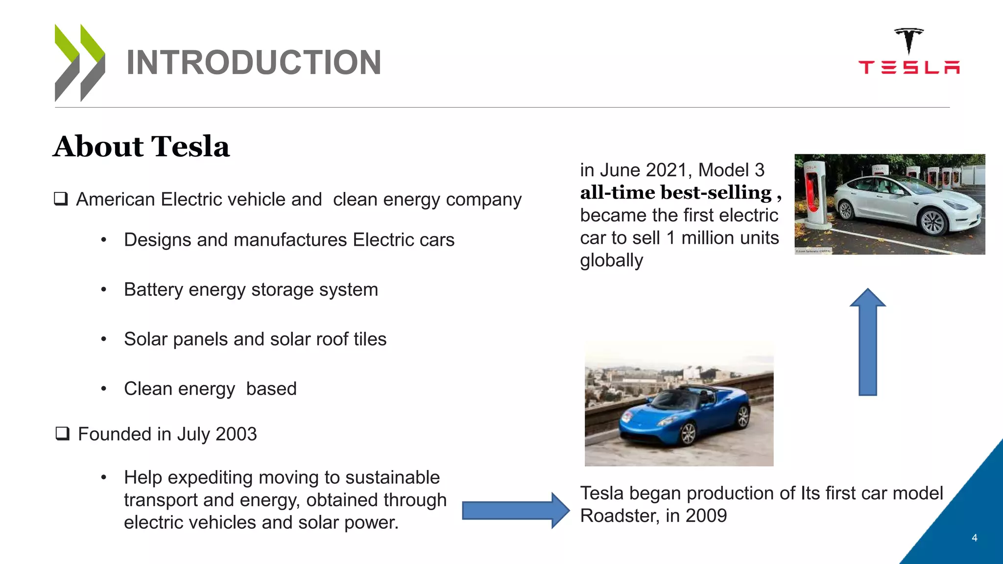 4
INTRODUCTION
• Clean energy based
About Tesla
 American Electric vehicle and clean energy company
• Battery energy storage system
• Solar panels and solar roof tiles
• Designs and manufactures Electric cars
 Founded in July 2003
• Help expediting moving to sustainable
transport and energy, obtained through
electric vehicles and solar power.
Tesla began production of Its first car model
Roadster, in 2009
in June 2021, Model 3
all-time best-selling ,
became the first electric
car to sell 1 million units
globally
 