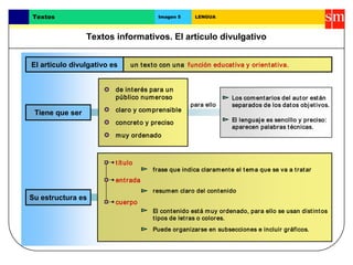 Textos informativos. El artículo divulgativo
Textos Imagen 5 LENGUA
Tiene que ser
Su estructura es
un texto con una función educativa y orientativa.
claro y comprensible
título
entrada
cuerpo
para ello
Los comentarios del autor están
separados de los datos objetivos.
El lenguaje es sencillo y preciso:
aparecen palabras técnicas.
frase que indica claramente el tema que se va a tratar
El contenido está muy ordenado, para ello se usan distintos
tipos de letras o colores.
de interés para un
público numeroso
resumen claro del contenido
Puede organizarse en subsecciones e incluir gráficos.
concreto y preciso
muy ordenado
El artículo divulgativo es
 