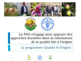 La FAO s’engage pour appuyer des
approches durables dans la valorisation
de la qualité liée à l’origine
Le programme Qualité & Origine
1
 