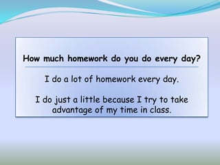 How much homework do you do every day?

    I do a lot of homework every day.

  I do just a little because I try to take
      advantage of my time in class.
 
