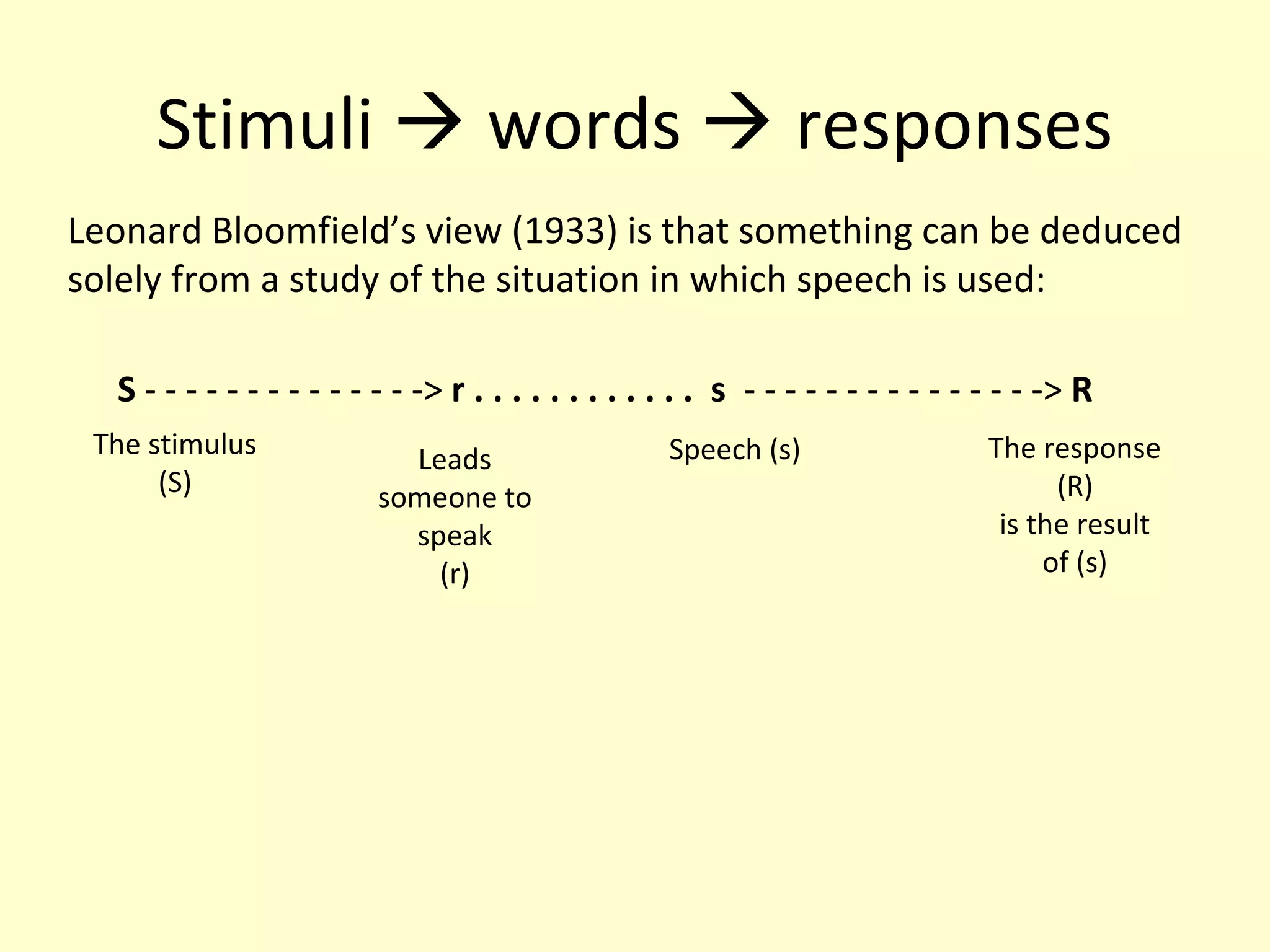 Stimuli  words  responses
Leonard Bloomfield’s view (1933) is that something can be deduced
solely from a study of the situation in which speech is used:
S - - - - - - - - - - - - - -> r . . . . . . . . . . . . s - - - - - - - - - - - - - - -> R
The stimulus
(S)

Leads
someone to
speak
(r)

Speech (s)

The response
(R)
is the result
of (s)

 