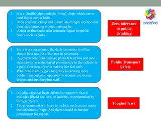 Zero tolerance
to public
drinking
Tougher laws
Public Transport
Safety
1. In India, rape has been defined so narrowly that it
excludes forced oral sex, or sodomy, or penetration by
foreign objects.
2. The government will have to include such crimes under
the definition of rape. And there should be harsher
punishment for rapists.
1. For a working woman, the daily commute to office
should be a routine affair, not an adventure.
2. A government plan to make photo IDs of bus and auto
rickshaw drivers displayed prominently in the vehicle is
a good first step towards making her feel safe.
3. What would really go a long way is creating more
public transportation operated by women i.e women
drivers and auxiliary bus staff.
1. It is a familiar sight outside "wine" shops which serve
hard liquor across India.
2. Men consume cheap and industrial-strength alcohol and
then start harassing women passing by.
3. Arrest or fine those who consume liquor in public
places such as parks.
 