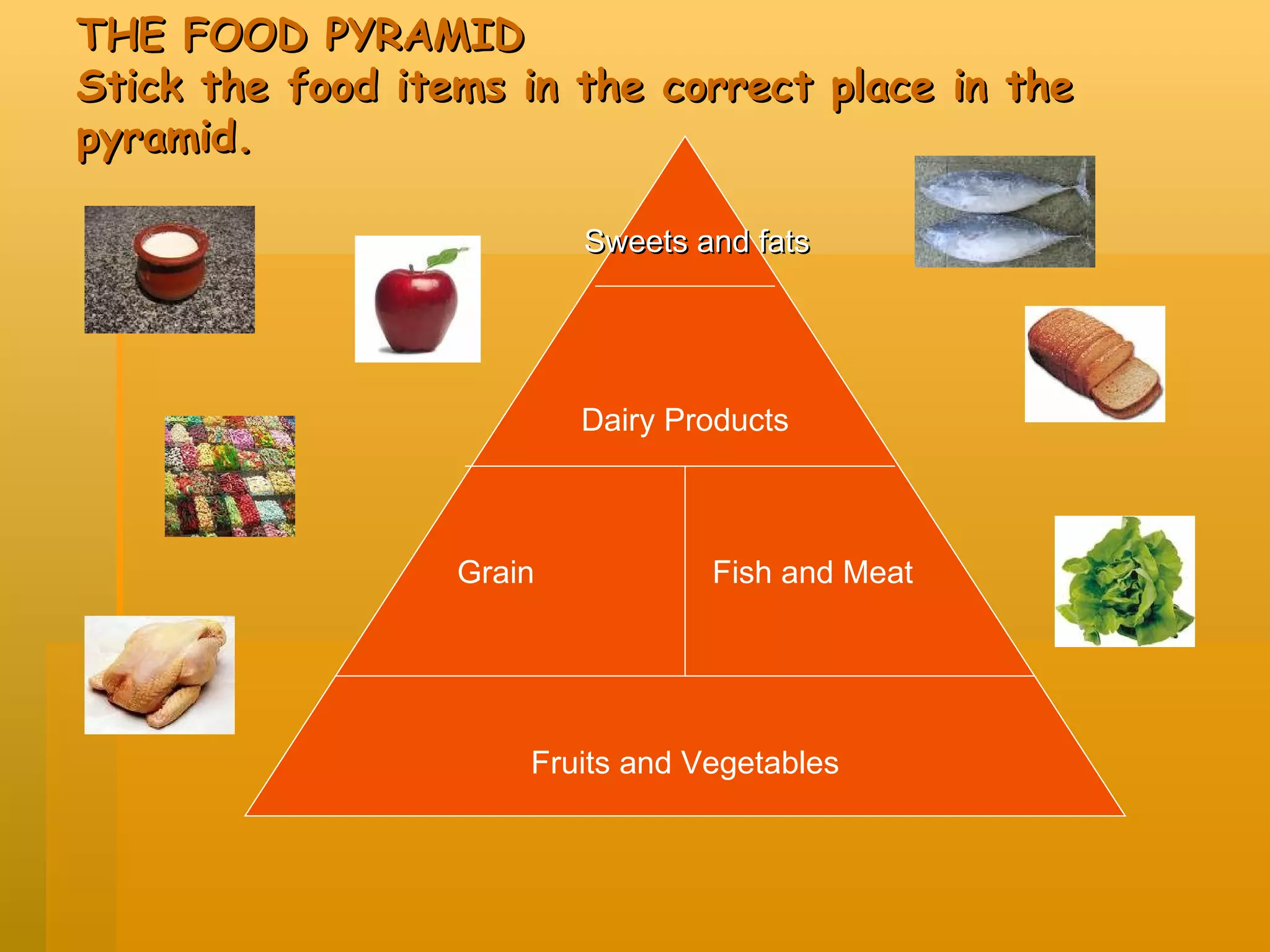 THE FOOD PYRAMID Stick the food items in the correct place in the pyramid. Sweets and fats Dairy Products Grain Fish and Meat Fruits and Vegetables