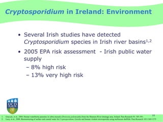 Cryptosporidium in Ireland: Environment


                   • Several Irish studies have detected
                     Cryptosporidium species in Irish river basins1,2
                   • 2005 EPA risk assessment - Irish public water
                     supply
                             – 8% high risk
                             – 13% very high risk




                                                                                                                                                                                   16
1.   Graczyk, et al., 2004. Human waterborne parasites in zebra mussels (Dreissena polymorpha) from the Shannon River drainage area, Ireland. Para Research 93: 385-391.
2.   Lucy, et al., 2008..Biomonitoring of surface and coastal water for Cryptosporidium, Giardia and human virulent microsporidia using molluscan shellfish. Para Research 103:1369-1375
 