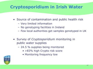 Cryptosporidium in Irish Water

 • Source of contamination and public health risk
    – Very limited information
    – No genotyping facilities in Ireland
    – Few local authorities get samples genotyped in UK


 • Survey of Cryptosporidium monitoring in
   public water supplies
    – 24.5 % supplies being monitored
       • >83% high Crypto risk score
       • Monitoring frequency low



                                                          17
 