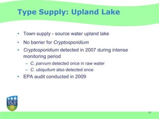 Type Supply: Upland Lake

• Town supply - source water upland lake
• No barrier for Cryptosporidium
• Cryptosporidium detected in 2007 during intense
  monitoring period
   – C. parvum detected once in raw water
   – C. ubiquitum also detected once
• EPA audit conducted in 2009




                                                    27
 