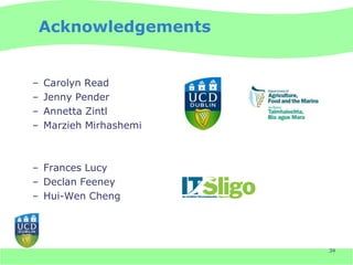 Acknowledgements


–   Carolyn Read
–   Jenny Pender
–   Annetta Zintl
–   Marzieh Mirhashemi



– Frances Lucy
– Declan Feeney
– Hui-Wen Cheng




                         34
 