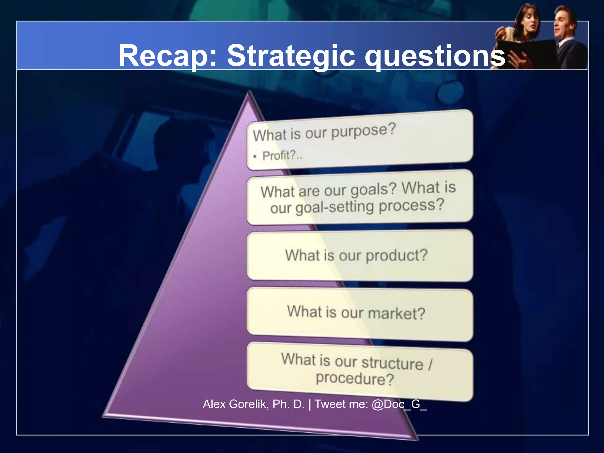 Recap: Strategic questions




     Alex Gorelik, Ph. D. | Tweet me: @Doc_G_
 