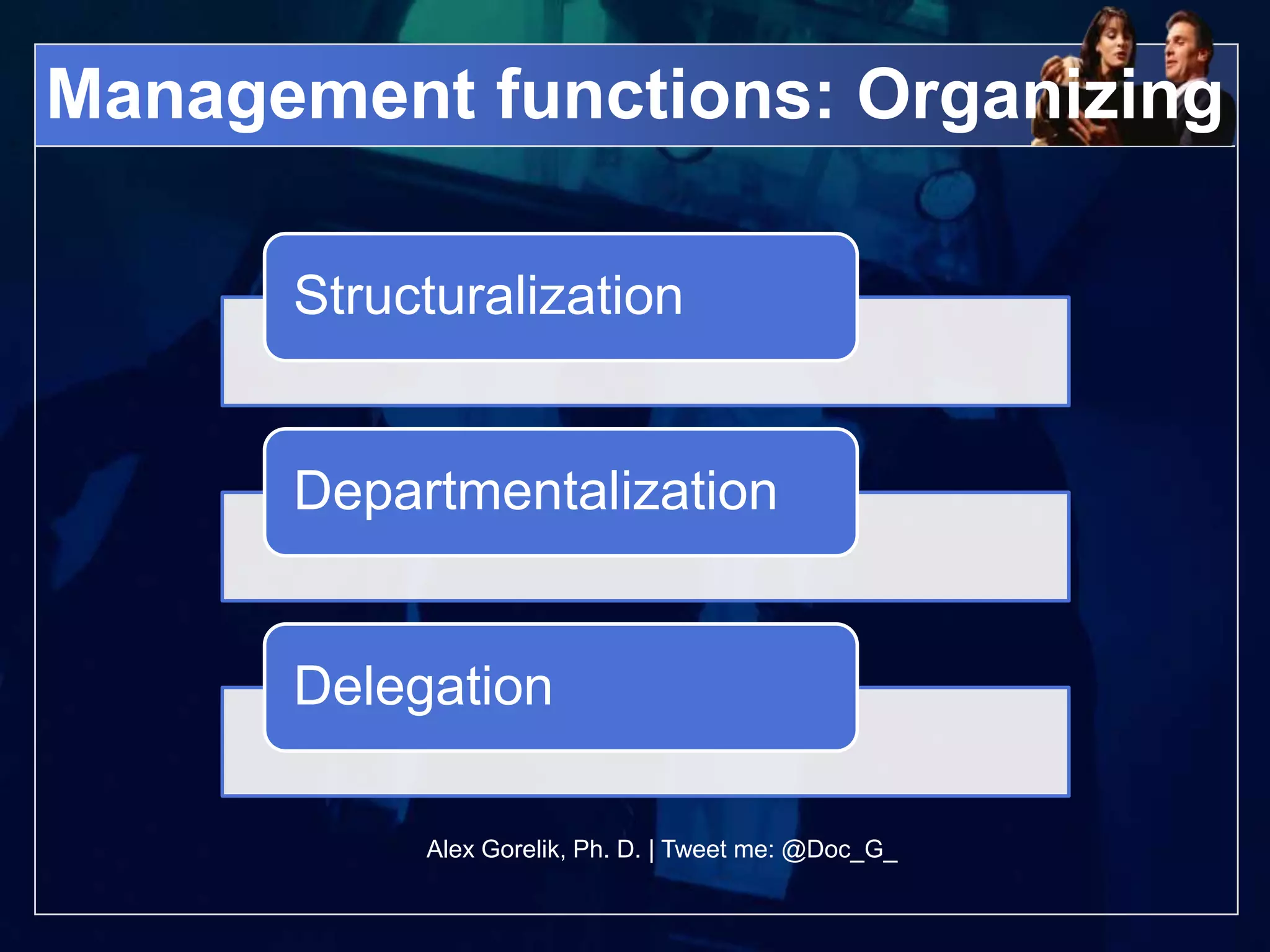 Management functions: Organizing

      Structuralization


      Departmentalization


      Delegation

           Alex Gorelik, Ph. D. | Tweet me: @Doc_G_
 