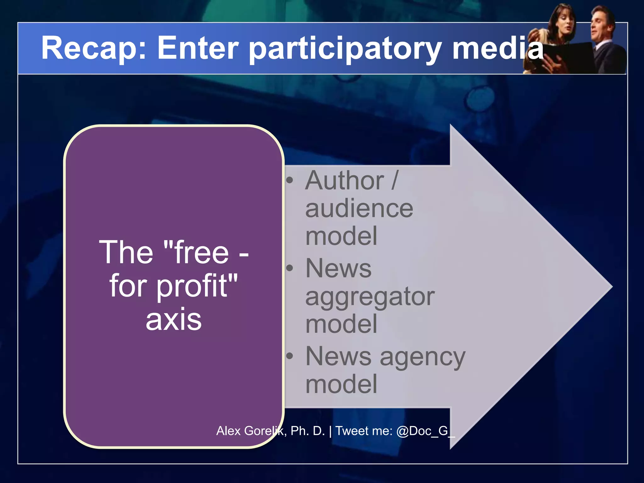 Recap: Enter participatory media



                       • Author /
                         audience
                         model
   The "free -         • News
    for profit"          aggregator
       axis              model
                       • News agency
                         model
            Alex Gorelik, Ph. D. | Tweet me: @Doc_G_
 