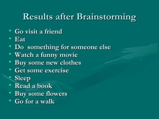 Results after BrainstormingResults after Brainstorming
• Go visit a friendGo visit a friend
• EatEat
• Do something for someone elseDo something for someone else
• Watch a funny movieWatch a funny movie
• Buy some new clothesBuy some new clothes
• Get some exerciseGet some exercise
• SleepSleep
• Read a bookRead a book
• Buy some flowersBuy some flowers
• Go for a walkGo for a walk
 