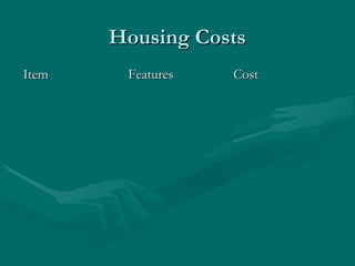 Housing CostsHousing Costs
ItemItem FeaturesFeatures CostCost
 
