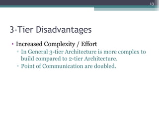 3-Tier Disadvantages
• Increased Complexity / Effort
▫ In General 3-tier Architecture is more complex to
build compared to 2-tier Architecture.
▫ Point of Communication are doubled.
13
 