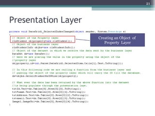 Presentation Layer
21
Creating an Object of
Property Layer
 