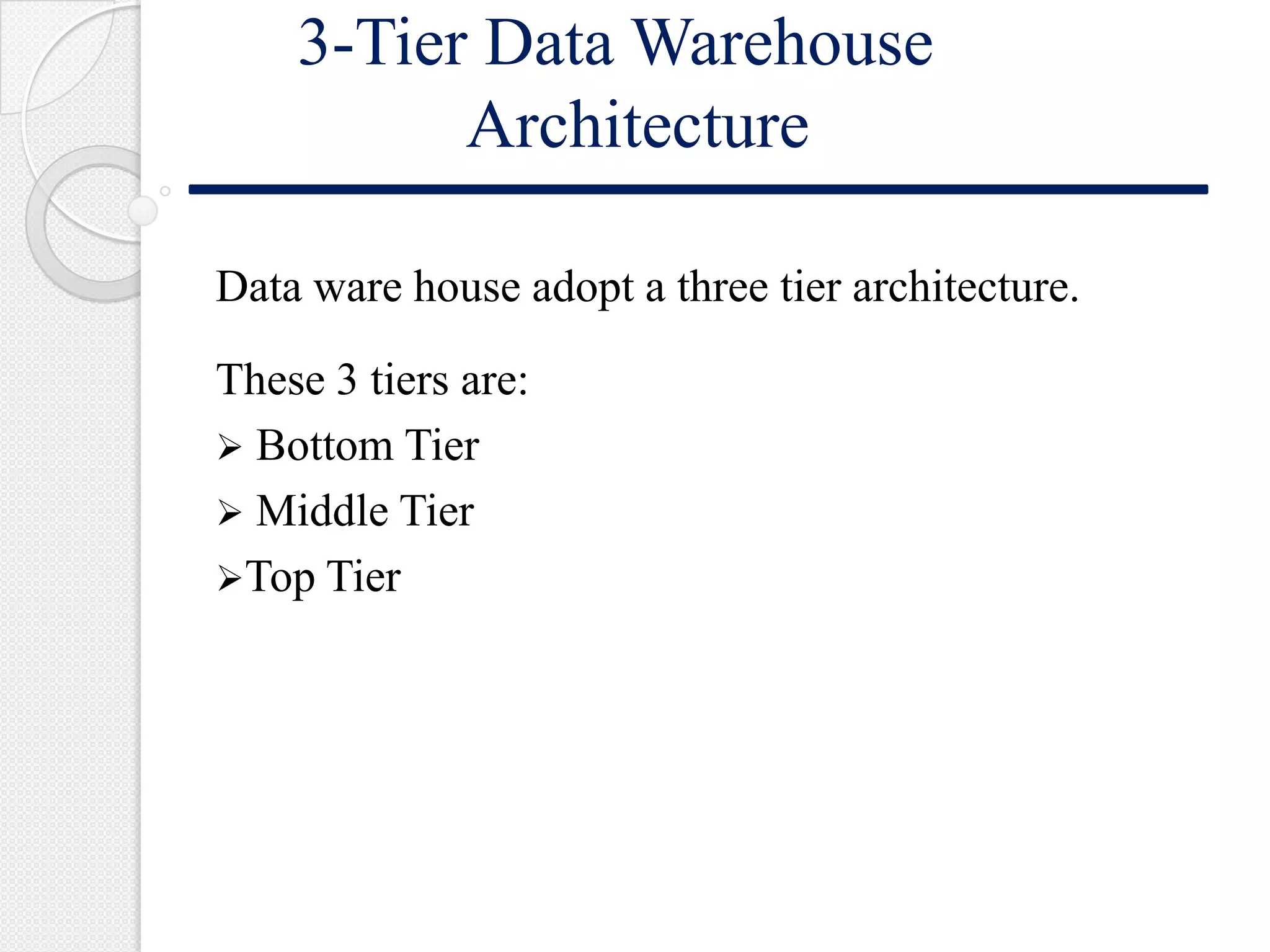 3-Tier Data Warehouse
Architecture
Data ware house adopt a three tier architecture.
These 3 tiers are:
 Bottom Tier
 Middle Tier
Top Tier
 