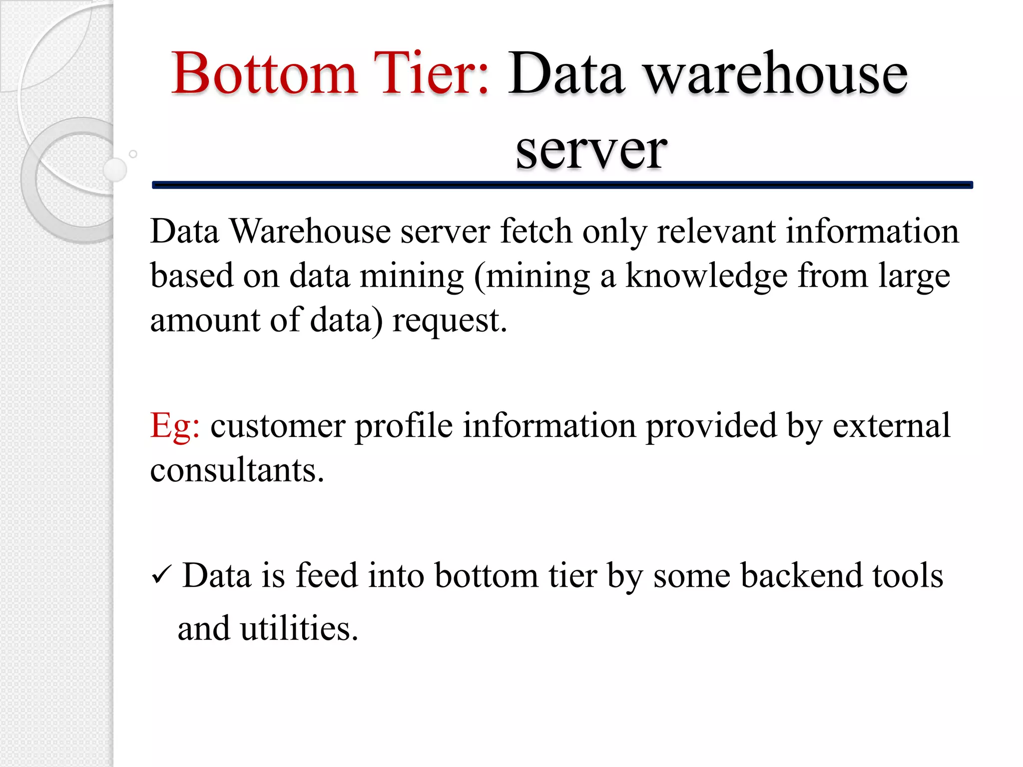 Bottom Tier: Data warehouse
server
Data Warehouse server fetch only relevant information
based on data mining (mining a knowledge from large
amount of data) request.
Eg: customer profile information provided by external
consultants.
 Data is feed into bottom tier by some backend tools
and utilities.
 