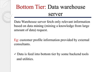 Bottom Tier: Data warehouse
server
Data Warehouse server fetch only relevant information
based on data mining (mining a knowledge from large
amount of data) request.
Eg: customer profile information provided by external
consultants.
 Data is feed into bottom tier by some backend tools
and utilities.
 