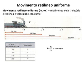 Movimento retilíneo uniforme
Movimento retilíneo uniforme (m.r.u.) – movimento cuja trajetória
é retilínea e velocidade constante.
V=
t
r


= constante
 