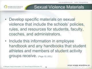 Sexual Violence Materials

  • Develop specific materials on sexual
    violence that include the schools’ policies,
    rules, and resources for students, faculty,
    coaches, and administrators.
  • Include this information in employee
    handbook and any handbooks that student
    athletes and members of student activity
    groups receive. (Page 15, DCL)

© Margolis Healy & Associates, LLC; Dinse Knapp & McAndrew, PC
                                                                 16
 