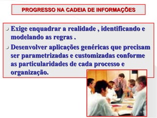 PROGRESSO NA CADEIA DE INFORMAÇÕES
 Exige enquadrar a realidade , identificando e
modelando as regras .
 Desenvolver aplicações genéricas que precisam
ser parametrizadas e customizadas conforme
as particularidades de cada processo e
organização.
 