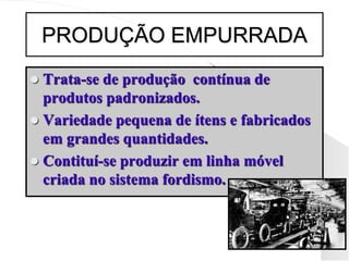 PRODUÇÃO EMPURRADA
 Trata-se de produção contínua de
produtos padronizados.
 Variedade pequena de ítens e fabricados
em grandes quantidades.
 Contituí-se produzir em linha móvel
criada no sistema fordismo.
 