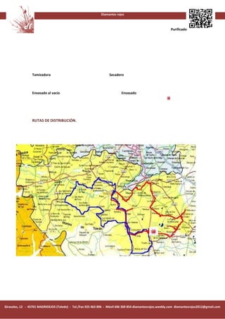 Diamantes rojos



                                                                                                           Purificado




                 Tamizadora                                        Secadero



                 Envasado al vacío                                         Envasado




                 RUTAS DE DISTRIBUCIÓN.




Girasoles, 12 - 45701 MADRIDEJOS (Toledo) - Tel./Fax 925 463 896 - Móvil 696 369 854 diamantesrojos.weebly.com diamantesrojos2012@gmail.com
 