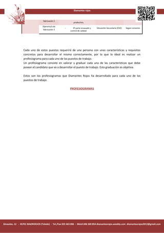 Diamantes rojos



                                   fabricación 2
                                                              productivo.
                                  Operario/a de
                                                      -      3º parte envasado y   Educación Secundaria (ESO)   Según convenio
                                  fabricación 3
                                                           control de calidad.




                 Cada uno de estos puestos requerirá de una persona con unas características y requisitos
                 concretos para desarrollar el mismo correctamente, por lo que lo ideal es realizar un
                 profesiograma para cada uno de los puestos de trabajo.
                 Un profesiograma consiste en valorar y graduar cada una de las características que debe
                 poseer el candidato que va a desarrollar el puesto de trabajo. Esta graduación es objetiva.

                 Estos son los profesiogramas que Diamantes Rojos ha desarrollado para cada uno de los
                 puestos de trabajo.

                                                           PROFESIOGRAMAS




Girasoles, 12 - 45701 MADRIDEJOS (Toledo) - Tel./Fax 925 463 896 - Móvil 696 369 854 diamantesrojos.weebly.com diamantesrojos2012@gmail.com
 