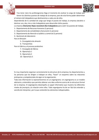 Diamantes rojos



                     Tras tener claro los profesiogramas llega el momento de analizar la carga de trabajo que
                     tienen los distintos puestos de trabajo de la empresa, para de esta forma poder determinar
                 el número de trabajadores que destinaremos a cada uno de ellos.
                 Dependiendo de la cantidad de carga que tenga el puesto de trabajo, la empresa decidirá si
                 destinar uno, dos, tres o más trabajadores para desarrollar dicho puesto.
                 La empresa Diamantes Rojos necesitará diez trabajadores para cubrir los puestos de trabajo.
                 1.- Departamento de Recursos Humanos (1 persona)
                 2.- Departamento de contabilidad y facturación (1 persona)
                 3.- Departamento de Atención al público y comercial (1 persona)
                 4.- Químico/a de laboratorio
                 Para el Almacén
                          5.- Encargado/a de almacén
                          6.- Transportista
                 Para la Fábrica y el proceso productivo
                          7.- Encargado de fábrica
                          8.- Operario/a 1
                          9.- Operario/a 2
                          10.- Operario/a 3




                 Es muy importante organizar correctamente la estructura de la empresa; los departamentos y
                 las personas que los dirigen o trabajan en ellos, “hacer” un esquema sobre las relaciones
                 jerárquicas y competenciales de vigor en la organización.
                 Toda esta información la representaremos en un organigrama. Un organigrama es un modelo
                 abstracto y sistemático que permite obtener una idea uniforme acerca de la estructura formal
                 de la empresa. El organigrama desempeña un papel informativo que muestra los diferentes
                 niveles de jerarquía y la relación entre ellos. Todo organigrama ha de ser fácil de entender y
                 sencillo de interpretar, por lo que contendrá los elementos indispensables.




Girasoles, 12 - 45701 MADRIDEJOS (Toledo) - Tel./Fax 925 463 896 - Móvil 696 369 854 diamantesrojos.weebly.com diamantesrojos2012@gmail.com
 