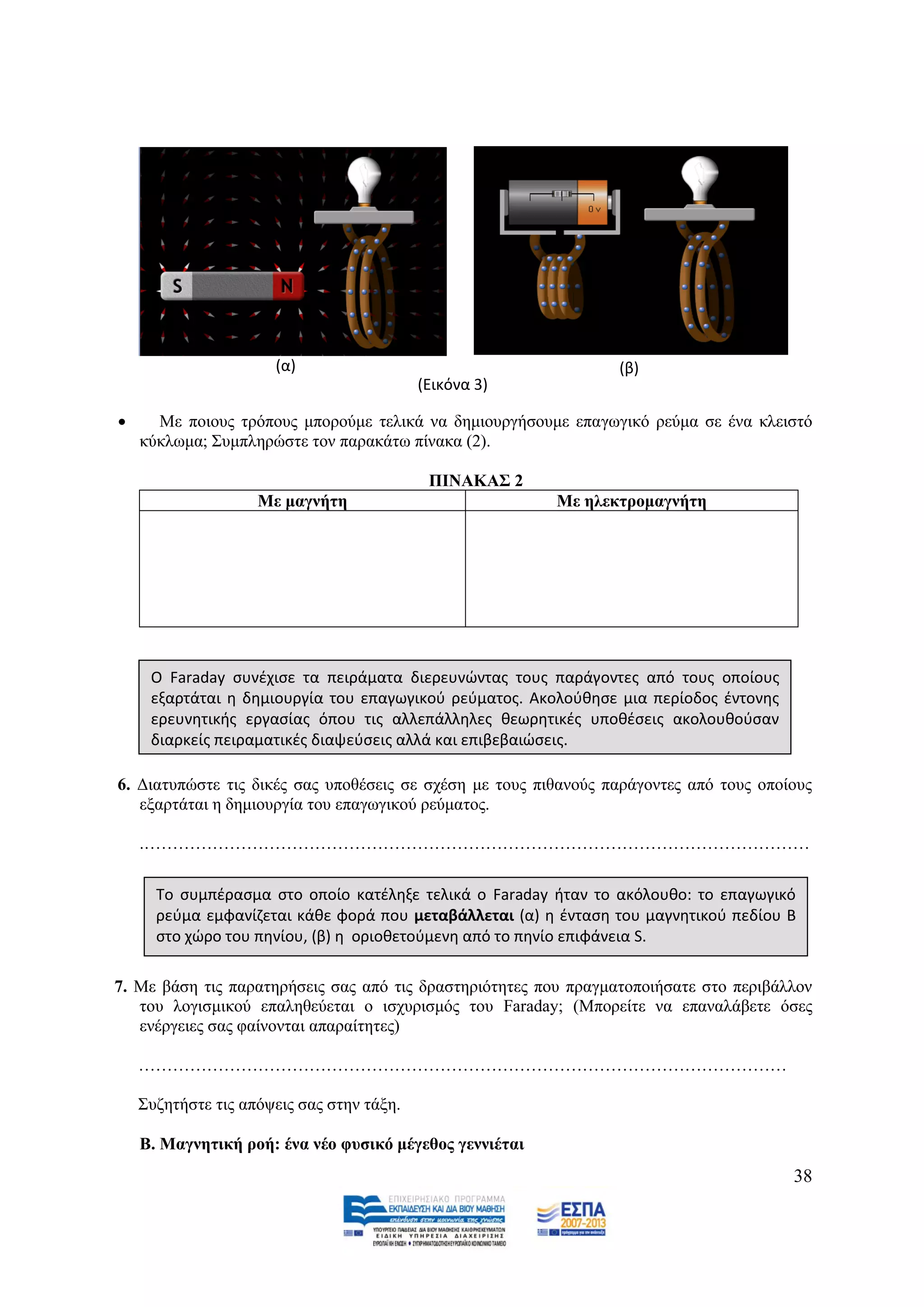 (α)                                        (β)
                                           (Εικόνα 3)

     Με πνηνπο ηξφπνπο κπνξνχκε ηειηθά λα δεκηνπξγήζνπκε επαγσγηθφ ξεχκα ζε έλα θιεηζηφ
    θχθισκα; ΢πκπιεξψζηε ηνλ παξαθάησ πίλαθα (2).

                                            ΠΗΝΑΚΑ΢ 2
                    Με καγλήηε                           Με ειεθηξνκαγλήηε




     Ο Faraday ςυνζχιςε τα πειράματα διερευνϊντασ τουσ παράγοντεσ από τουσ οποίουσ
     εξαρτάται θ δθμιουργία του επαγωγικοφ ρεφματοσ. Ακολοφκθςε μια περίοδοσ ζντονθσ
     ερευνθτικισ εργαςίασ όπου τισ αλλεπάλλθλεσ κεωρθτικζσ υποκζςεισ ακολουκοφςαν
     διαρκείσ πειραματικζσ διαψεφςεισ αλλά και επιβεβαιϊςεισ.

6. Γηαηππψζηε ηηο δηθέο ζαο ππνζέζεηο ζε ζρέζε κε ηνπο πηζαλνχο παξάγνληεο απφ ηνπο νπνίνπο
   εμαξηάηαη ε δεκηνπξγία ηνπ επαγσγηθνχ ξεχκαηνο.

    .………………………………………………………………………………………………………

      Το ςυμπζραςμα ςτο οποίο κατζλθξε τελικά ο Faraday ιταν το ακόλουκο: το επαγωγικό
      ρεφμα εμφανίηεται κάκε φορά που μεταβάλλεται (α) θ ζνταςθ του μαγνθτικοφ πεδίου Β
      ςτο χϊρο του πθνίου, (β) θ οριοκετοφμενθ από το πθνίο επιφάνεια S.

7. Με βάζε ηηο παξαηεξήζεηο ζαο απφ ηηο δξαζηεξηφηεηεο πνπ πξαγκαηνπνηήζαηε ζην πεξηβάιινλ
   ηνπ ινγηζκηθνχ επαιεζεχεηαη ν ηζρπξηζκφο ηνπ Faraday; (Μπνξείηε λα επαλαιάβεηε φζεο
   ελέξγεηεο ζαο θαίλνληαη απαξαίηεηεο)

    ……………………………………………………………………………………………………

    ΢πδεηήζηε ηηο απφςεηο ζαο ζηελ ηάμε.

    Β. Μαγλεηηθή ξνή: έλα λέν θπζηθφ κέγεζνο γελληέηαη
                                                                                        38
 