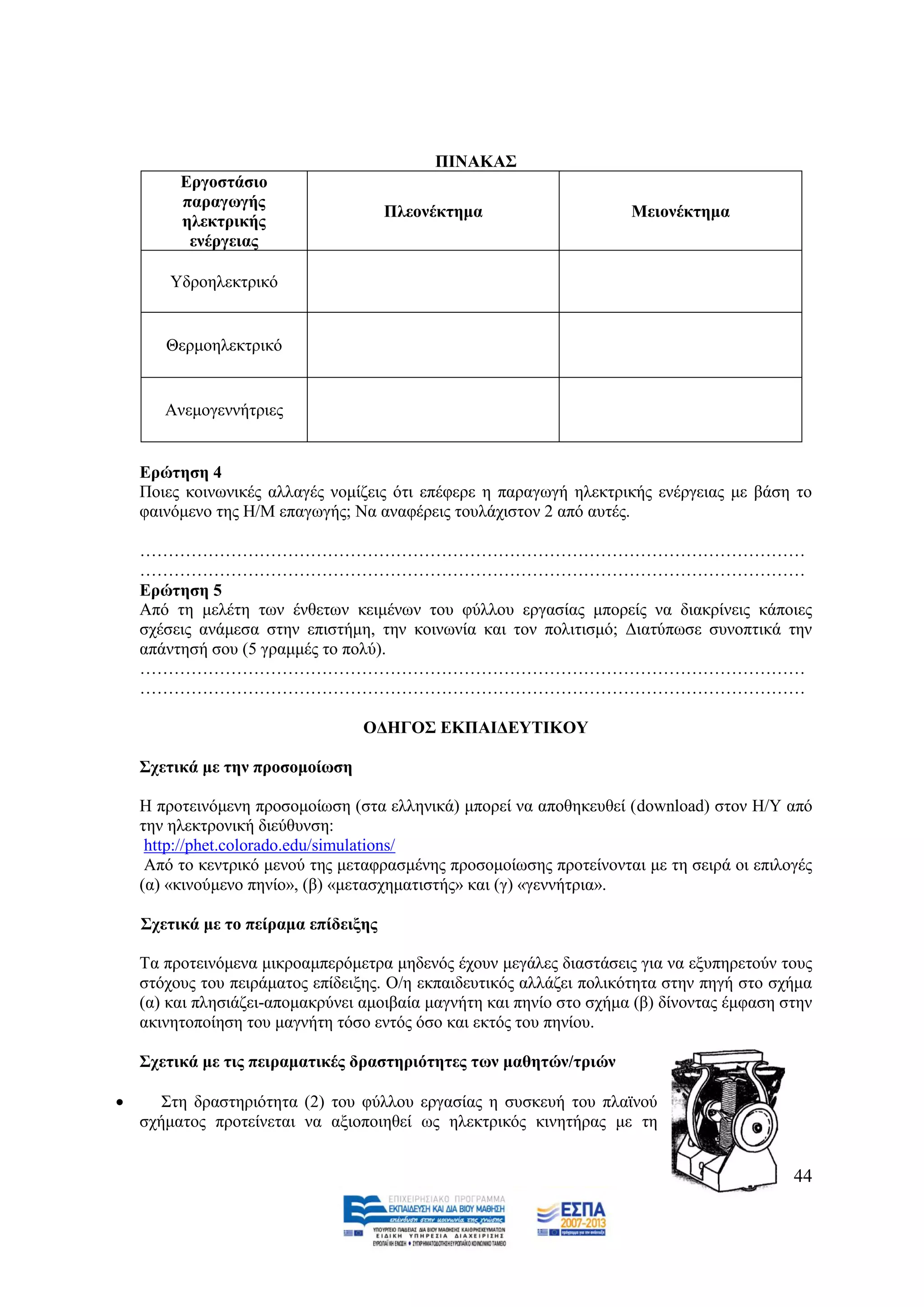 ΠΗΝΑΚΑ΢
         Δξγνζηάζην
         παξαγσγήο
                                      Πιενλέθηεκα                     Μεηνλέθηεκα
         ειεθηξηθήο
          ελέξγεηαο

        Τδξνειεθηξηθφ


       Θεξκνειεθηξηθφ


       Αλεκνγελλήηξηεο


    Δξψηεζε 4
    Πνηεο θνηλσληθέο αιιαγέο λνκίδεηο φηη επέθεξε ε παξαγσγή ειεθηξηθήο ελέξγεηαο κε βάζε ην
    θαηλφκελν ηεο Ζ/Μ επαγσγήο; Να αλαθέξεηο ηνπιάρηζηνλ 2 απφ απηέο.

    ………………………………………………………………………………………………………
    ………………………………………………………………………………………………………
    Δξψηεζε 5
    Απφ ηε κειέηε ησλ έλζεησλ θεηκέλσλ ηνπ θχιινπ εξγαζίαο κπνξείο λα δηαθξίλεηο θάπνηεο
    ζρέζεηο αλάκεζα ζηελ επηζηήκε, ηελ θνηλσλία θαη ηνλ πνιηηηζκφ; Γηαηχπσζε ζπλνπηηθά ηελ
    απάληεζή ζνπ (5 γξακκέο ην πνιχ).
    ………………………………………………………………………………………………………
    ………………………………………………………………………………………………………

                                  ΟΓΖΓΟ΢ ΔΚΠΑΗΓΔΤΣΗΚΟΤ

    ΢ρεηηθά κε ηελ πξνζνκνίσζε

    Ζ πξνηεηλφκελε πξνζνκνίσζε (ζηα ειιεληθά) κπνξεί λα απνζεθεπζεί (download) ζηνλ Ζ/Τ απφ
    ηελ ειεθηξνληθή δηεχζπλζε:
     http://phet.colorado.edu/simulations/
     Απφ ην θεληξηθφ κελνχ ηεο κεηαθξαζκέλεο πξνζνκνίσζεο πξνηείλνληαη κε ηε ζεηξά νη επηινγέο
    (α) «θηλνχκελν πελίν», (β) «κεηαζρεκαηηζηήο» θαη (γ) «γελλήηξηα».

    ΢ρεηηθά κε ην πείξακα επίδεημεο

    Σα πξνηεηλφκελα κηθξνακπεξφκεηξα κεδελφο έρνπλ κεγάιεο δηαζηάζεηο γηα λα εμππεξεηνχλ ηνπο
    ζηφρνπο ηνπ πεηξάκαηνο επίδεημεο. Ο/ε εθπαηδεπηηθφο αιιάδεη πνιηθφηεηα ζηελ πεγή ζην ζρήκα
    (α) θαη πιεζηάδεη-απνκαθξχλεη ακνηβαία καγλήηε θαη πελίν ζην ζρήκα (β) δίλνληαο έκθαζε ζηελ
    αθηλεηνπνίεζε ηνπ καγλήηε ηφζν εληφο φζν θαη εθηφο ηνπ πελίνπ.

    ΢ρεηηθά κε ηηο πεηξακαηηθέο δξαζηεξηφηεηεο ησλ καζεηψλ/ηξηψλ

      ΢ηε δξαζηεξηφηεηα (2) ηνπ θχιινπ εξγαζίαο ε ζπζθεπή ηνπ πιατλνχ
    ζρήκαηνο πξνηείλεηαη λα αμηνπνηεζεί σο ειεθηξηθφο θηλεηήξαο κε ηε


                                                                                            44
 