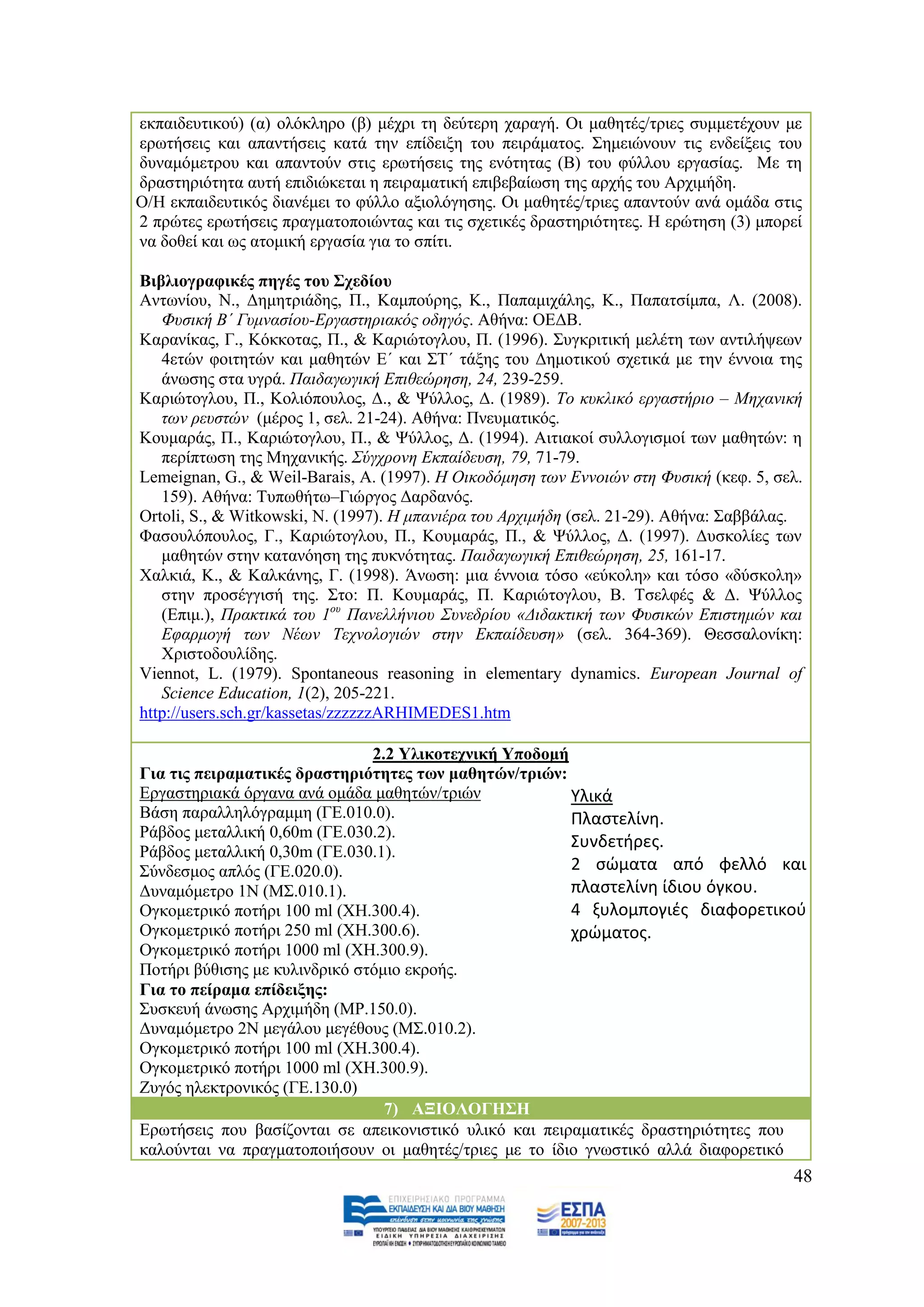 εθπαηδεπηηθνχ) (α) νιφθιεξν (β) κέρξη ηε δεχηεξε ραξαγή. Οη καζεηέο/ηξηεο ζπκκεηέρνπλ κε
    εξσηήζεηο θαη απαληήζεηο θαηά ηελ επίδεημε ηνπ πεηξάκαηνο. ΢εκεηψλνπλ ηηο ελδείμεηο ηνπ
    δπλακφκεηξνπ θαη απαληνχλ ζηηο εξσηήζεηο ηεο ελφηεηαο (Β) ηνπ θχιινπ εξγαζίαο. Με ηε
    δξαζηεξηφηεηα απηή επηδηψθεηαη ε πεηξακαηηθή επηβεβαίσζε ηεο αξρήο ηνπ Αξρηκήδε.
ζη) Ο/Ζ εθπαηδεπηηθφο δηαλέκεη ην θχιιν αμηνιφγεζεο. Οη καζεηέο/ηξηεο απαληνχλ αλά νκάδα ζηηο
    2 πξψηεο εξσηήζεηο πξαγκαηνπνηψληαο θαη ηηο ζρεηηθέο δξαζηεξηφηεηεο. Ζ εξψηεζε (3) κπνξεί
    λα δνζεί θαη σο αηνκηθή εξγαζία γηα ην ζπίηη.

    Βηβιηνγξαθηθέο πεγέο ηνπ ΢ρεδίνπ
    Αλησλίνπ, Ν., Γεκεηξηάδεο, Π., Κακπνχξεο, Κ., Παπακηράιεο, Κ., Παπαηζίκπα, Λ. (2008).
       Φπζηθή Β΄ Γπκλαζίνπ-Δξγαζηεξηαθόο νδεγόο. Αζήλα: ΟΔΓΒ.
    Καξαλίθαο, Γ., Κφθθνηαο, Π., & Καξηψηνγινπ, Π. (1996). ΢πγθξηηηθή κειέηε ησλ αληηιήςεσλ
       4εηψλ θνηηεηψλ θαη καζεηψλ Δ΄ θαη ΢Σ΄ ηάμεο ηνπ Γεκνηηθνχ ζρεηηθά κε ηελ έλλνηα ηεο
       άλσζεο ζηα πγξά. Παηδαγσγηθή Δπηζεώξεζε, 24, 239-259.
    Καξηψηνγινπ, Π., Κνιηφπνπινο, Γ., & Φχιινο, Γ. (1989). Τν θπθιηθό εξγαζηήξην – Μεραληθή
       ησλ ξεπζηώλ (κέξνο 1, ζει. 21-24). Αζήλα: Πλεπκαηηθφο.
    Κνπκαξάο, Π., Καξηψηνγινπ, Π., & Φχιινο, Γ. (1994). Αηηηαθνί ζπιινγηζκνί ησλ καζεηψλ: ε
       πεξίπησζε ηεο Μεραληθήο. Σύγρξνλε Δθπαίδεπζε, 79, 71-79.
    Lemeignan, G., & Weil-Barais, A. (1997). Ζ Οηθνδόκεζε ησλ Δλλνηώλ ζηε Φπζηθή (θεθ. 5, ζει.
       159). Αζήλα: Σππσζήησ–Γηψξγνο Γαξδαλφο.
    Ortoli, S., & Witkowski, N. (1997). Ζ κπαληέξα ηνπ Αξρηκήδε (ζει. 21-29). Αζήλα: ΢αββάιαο.
    Φαζνπιφπνπινο, Γ., Καξηψηνγινπ, Π., Κνπκαξάο, Π., & Φχιινο, Γ. (1997). Γπζθνιίεο ησλ
       καζεηψλ ζηελ θαηαλφεζε ηεο ππθλφηεηαο. Παηδαγσγηθή Δπηζεώξεζε, 25, 161-17.
    Υαιθηά, Κ., & Καιθάλεο, Γ. (1998). Άλσζε: κηα έλλνηα ηφζν «εχθνιε» θαη ηφζν «δχζθνιε»
       ζηελ πξνζέγγηζή ηεο. ΢ην: Π. Κνπκαξάο, Π. Καξηψηνγινπ, Β. Σζειθέο & Γ. Φχιινο
       (Δπηκ.), Πξαθηηθά ηνπ 1νπ Παλειιήληνπ Σπλεδξίνπ «Γηδαθηηθή ησλ Φπζηθώλ Δπηζηεκώλ θαη
       Δθαξκνγή ησλ Νέσλ Τερλνινγηώλ ζηελ Δθπαίδεπζε» (ζει. 364-369). Θεζζαινλίθε:
       Υξηζηνδνπιίδεο.
    Viennot, L. (1979). Spontaneous reasoning in elementary dynamics. European Journal of
       Science Education, 1(2), 205-221.
    http://users.sch.gr/kassetas/zzzzzzARHIMEDES1.htm

                                   2.2 Τιηθνηερληθή Τπνδνκή
    Γηα ηηο πεηξακαηηθέο δξαζηεξηφηεηεο ησλ καζεηψλ/ηξηψλ:
    Δξγαζηεξηαθά φξγαλα αλά νκάδα καζεηψλ/ηξηψλ             Υλικά
    Βάζε παξαιιειφγξακκε (ΓΔ.010.0).                        Πλαςτελίνθ.
    Ράβδνο κεηαιιηθή 0,60m (ΓΔ.030.2).
                                                            Συνδετιρεσ.
    Ράβδνο κεηαιιηθή 0,30m (ΓΔ.030.1).
    ΢χλδεζκνο απιφο (ΓΔ.020.0).                             2 ςϊματα από φελλό και
    Γπλακφκεηξν 1Ν (Μ΢.010.1).                              πλαςτελίνθ ίδιου όγκου.
    Ογθνκεηξηθφ πνηήξη 100 ml (ΥΖ.300.4).                   4 ξυλομπογιζσ διαφορετικοφ
    Ογθνκεηξηθφ πνηήξη 250 ml (ΥΖ.300.6).                   χρϊματοσ.
    Ογθνκεηξηθφ πνηήξη 1000 ml (ΥΖ.300.9).
    Πνηήξη βχζηζεο κε θπιηλδξηθφ ζηφκην εθξνήο.
    Γηα ην πείξακα επίδεημεο:
    ΢πζθεπή άλσζεο Αξρηκήδε (ΜΡ.150.0).
    Γπλακφκεηξν 2Ν κεγάινπ κεγέζνπο (Μ΢.010.2).
    Ογθνκεηξηθφ πνηήξη 100 ml (ΥΖ.300.4).
    Ογθνκεηξηθφ πνηήξη 1000 ml (ΥΖ.300.9).
    Επγφο ειεθηξνληθφο (ΓΔ.130.0)
                                     7) ΑΞΗΟΛΟΓΖ΢Ζ
    Δξσηήζεηο πνπ βαζίδνληαη ζε απεηθνληζηηθφ πιηθφ θαη πεηξακαηηθέο δξαζηεξηφηεηεο πνπ
    θαινχληαη λα πξαγκαηνπνηήζνπλ νη καζεηέο/ηξηεο κε ην ίδην γλσζηηθφ αιιά δηαθνξεηηθφ
                                                                                            48
 