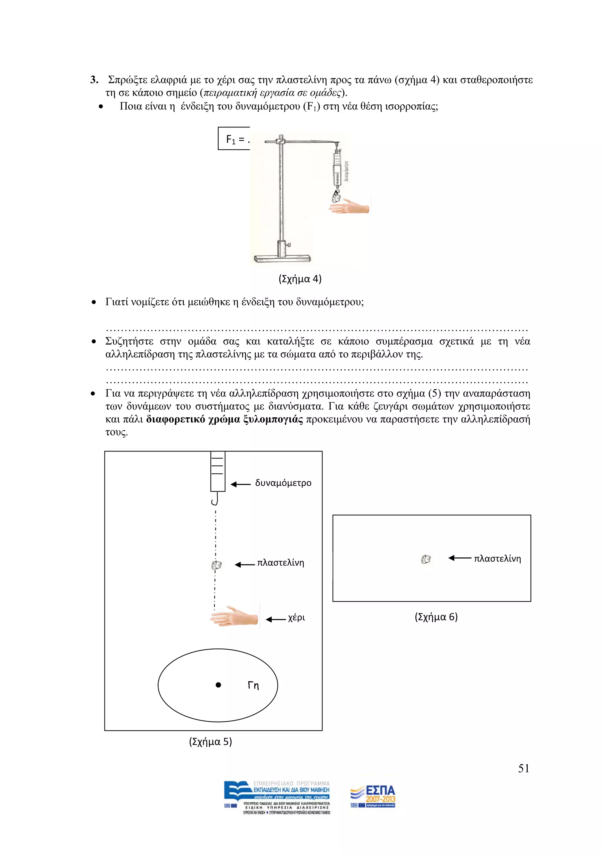 3. ΢πξψμηε ειαθξηά κε ην ρέξη ζαο ηελ πιαζηειίλε πξνο ηα πάλσ (ζρήκα 4) θαη ζηαζεξνπνηήζηε
   ηε ζε θάπνην ζεκείν (πεηξακαηηθή εξγαζία ζε νκάδεο).
   Πνηα είλαη ε έλδεημε ηνπ δπλακφκεηξνπ (F1) ζηε λέα ζέζε ηζνξξνπίαο;

                             F1 = …… Ν




                                         (Σχιμα 4)

 Γηαηί λνκίδεηε φηη κεηψζεθε ε έλδεημε ηνπ δπλακφκεηξνπ;

  ……………………………………………………………………………………………………
 ΢πδεηήζηε ζηελ νκάδα ζαο θαη θαηαιήμηε ζε θάπνην ζπκπέξαζκα ζρεηηθά κε ηε λέα
  αιιειεπίδξαζε ηεο πιαζηειίλεο κε ηα ζψκαηα απφ ην πεξηβάιινλ ηεο.
  ……………………………………………………………………………………………………
  ……………………………………………………………………………………………………
 Γηα λα πεξηγξάςεηε ηε λέα αιιειεπίδξαζε ρξεζηκνπνηήζηε ζην ζρήκα (5) ηελ αλαπαξάζηαζε
  ησλ δπλάκεσλ ηνπ ζπζηήκαηνο κε δηαλχζκαηα. Γηα θάζε δεπγάξη ζσκάησλ ρξεζηκνπνηήζηε
  θαη πάιη δηαθνξεηηθφ ρξψκα μπινκπνγηάο πξνθεηκέλνπ λα παξαζηήζεηε ηελ αιιειεπίδξαζή
  ηνπο.



                                  δυναμόμετρο




                                  πλαςτελίνθ                                  πλαςτελίνθ




                                           χζρι                  (Σχιμα 6)




                         .      Γη




                    (Σχιμα 5)

                                                                                       51
 
