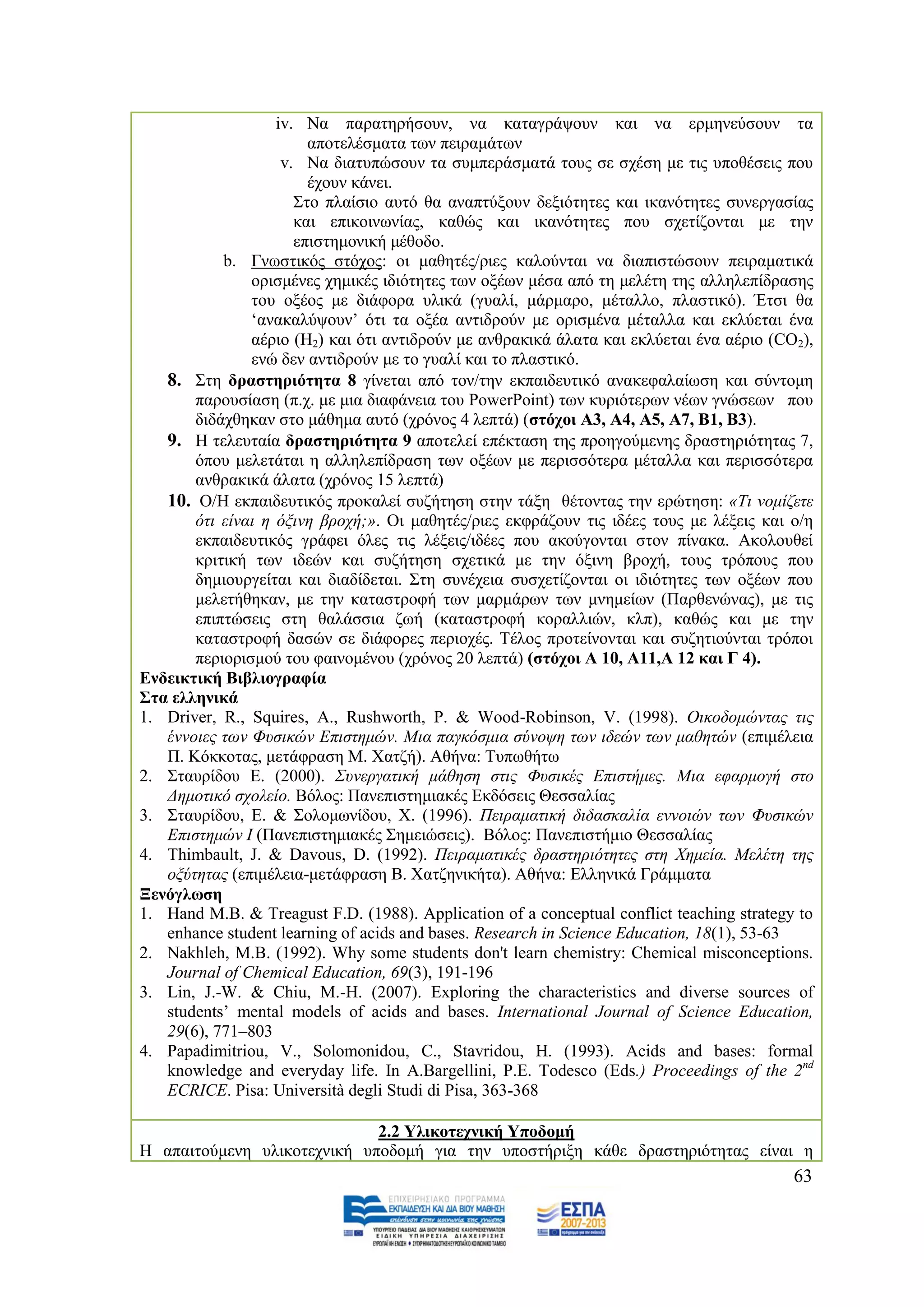 iv. Να παξαηεξήζνπλ, λα θαηαγξάςνπλ θαη λα εξκελεχζνπλ ηα
                        απνηειέζκαηα ησλ πεηξακάησλ
                    v. Να δηαηππψζνπλ ηα ζπκπεξάζκαηά ηνπο ζε ζρέζε κε ηηο ππνζέζεηο πνπ
                        έρνπλ θάλεη.
                      ΢ην πιαίζην απηφ ζα αλαπηχμνπλ δεμηφηεηεο θαη ηθαλφηεηεο ζπλεξγαζίαο
                      θαη επηθνηλσλίαο, θαζψο θαη ηθαλφηεηεο πνπ ζρεηίδνληαη κε ηελ
                      επηζηεκνληθή κέζνδν.
           b. Γλσζηηθφο ζηφρνο: νη καζεηέο/ξηεο θαινχληαη λα δηαπηζηψζνπλ πεηξακαηηθά
               νξηζκέλεο ρεκηθέο ηδηφηεηεο ησλ νμέσλ κέζα απφ ηε κειέηε ηεο αιιειεπίδξαζεο
               ηνπ νμένο κε δηάθνξα πιηθά (γπαιί, κάξκαξν, κέηαιιν, πιαζηηθφ). Έηζη ζα
               „αλαθαιχςνπλ‟ φηη ηα νμέα αληηδξνχλ κε νξηζκέλα κέηαιια θαη εθιχεηαη έλα
               αέξην (H2) θαη φηη αληηδξνχλ κε αλζξαθηθά άιαηα θαη εθιχεηαη έλα αέξην (CO2),
               ελψ δελ αληηδξνχλ κε ην γπαιί θαη ην πιαζηηθφ.
   8. ΢ηε δξαζηεξηφηεηα 8 γίλεηαη απφ ηνλ/ηελ εθπαηδεπηηθφ αλαθεθαιαίσζε θαη ζχληνκε
       παξνπζίαζε (π.ρ. κε κηα δηαθάλεηα ηνπ PowerPoint) ησλ θπξηφηεξσλ λέσλ γλψζεσλ πνπ
       δηδάρζεθαλ ζην κάζεκα απηφ (ρξφλνο 4 ιεπηά) (ζηφρνη Α3, Α4, Α5, Α7, Β1, Β3).
   9. Ζ ηειεπηαία δξαζηεξηφηεηα 9 απνηειεί επέθηαζε ηεο πξνεγνχκελεο δξαζηεξηφηεηαο 7,
       φπνπ κειεηάηαη ε αιιειεπίδξαζε ησλ νμέσλ κε πεξηζζφηεξα κέηαιια θαη πεξηζζφηεξα
       αλζξαθηθά άιαηα (ρξφλνο 15 ιεπηά)
   10. Ο/Ζ εθπαηδεπηηθφο πξνθαιεί ζπδήηεζε ζηελ ηάμε ζέηνληαο ηελ εξψηεζε: «Τη λνκίδεηε
       όηη είλαη ε όμηλε βξνρή;». Οη καζεηέο/ξηεο εθθξάδνπλ ηηο ηδέεο ηνπο κε ιέμεηο θαη ν/ε
       εθπαηδεπηηθφο γξάθεη φιεο ηηο ιέμεηο/ηδέεο πνπ αθνχγνληαη ζηνλ πίλαθα. Αθνινπζεί
       θξηηηθή ησλ ηδεψλ θαη ζπδήηεζε ζρεηηθά κε ηελ φμηλε βξνρή, ηνπο ηξφπνπο πνπ
       δεκηνπξγείηαη θαη δηαδίδεηαη. ΢ηε ζπλέρεηα ζπζρεηίδνληαη νη ηδηφηεηεο ησλ νμέσλ πνπ
       κειεηήζεθαλ, κε ηελ θαηαζηξνθή ησλ καξκάξσλ ησλ κλεκείσλ (Παξζελψλαο), κε ηηο
       επηπηψζεηο ζηε ζαιάζζηα δσή (θαηαζηξνθή θνξαιιηψλ, θιπ), θαζψο θαη κε ηελ
       θαηαζηξνθή δαζψλ ζε δηάθνξεο πεξηνρέο. Σέινο πξνηείλνληαη θαη ζπδεηηνχληαη ηξφπνη
       πεξηνξηζκνχ ηνπ θαηλνκέλνπ (ρξφλνο 20 ιεπηά) (ζηφρνη Α 10, Α11,Α 12 θαη Γ 4).
Δλδεηθηηθή Βηβιηνγξαθία
΢ηα ειιεληθά
1. Driver, R., Squires, A., Rushworth, P. & Wood-Robinson, V. (1998). Οηθνδνκώληαο ηηο
   έλλνηεο ησλ Φπζηθώλ Δπηζηεκώλ. Μηα παγθόζκηα ζύλνςε ησλ ηδεώλ ησλ καζεηώλ (επηκέιεηα
   Π. Κφθθνηαο, κεηάθξαζε Μ. Υαηδή). Αζήλα: Σππσζήησ
2. ΢ηαπξίδνπ Δ. (2000). Σπλεξγαηηθή κάζεζε ζηηο Φπζηθέο Δπηζηήκεο. Μηα εθαξκνγή ζην
   Γεκνηηθό ζρνιείν. Βφινο: Παλεπηζηεκηαθέο Δθδφζεηο Θεζζαιίαο
3. ΢ηαπξίδνπ, Δ. & ΢νινκσλίδνπ, Υ. (1996). Πεηξακαηηθή δηδαζθαιία ελλνηώλ ησλ Φπζηθώλ
   Δπηζηεκώλ I (Παλεπηζηεκηαθέο ΢εκεηψζεηο). Βφινο: Παλεπηζηήκην Θεζζαιίαο
4. Thimbault, J. & Davous, D. (1992). Πεηξακαηηθέο δξαζηεξηόηεηεο ζηε Φεκεία. Μειέηε ηεο
   νμύηεηαο (επηκέιεηα-κεηάθξαζε Β. Υαηδεληθήηα). Αζήλα: Διιεληθά Γξάκκαηα
Ξελφγισζε
1. Hand M.B. & Treagust F.D. (1988). Application of a conceptual conflict teaching strategy to
   enhance student learning of acids and bases. Research in Science Education, 18(1), 53-63
2. Nakhleh, M.B. (1992). Why some students don't learn chemistry: Chemical misconceptions.
   Journal of Chemical Education, 69(3), 191-196
3. Lin, J.-W. & Chiu, M.-H. (2007). Exploring the characteristics and diverse sources of
   students‟ mental models of acids and bases. International Journal of Science Education,
   29(6), 771–803
4. Papadimitriou, V., Solomonidou, C., Stavridou, H. (1993). Acids and bases: formal
   knowledge and everyday life. In A.Bargellini, P.E. Todesco (Eds.) Proceedings of the 2nd
   ECRICE. Pisa: Università degli Studi di Pisa, 363-368

                             2.2 Τιηθνηερληθή Τπνδνκή
Ζ απαηηνχκελε πιηθνηερληθή ππνδνκή γηα ηελ ππνζηήξημε θάζε δξαζηεξηφηεηαο είλαη ε
                                                                                           63
 
