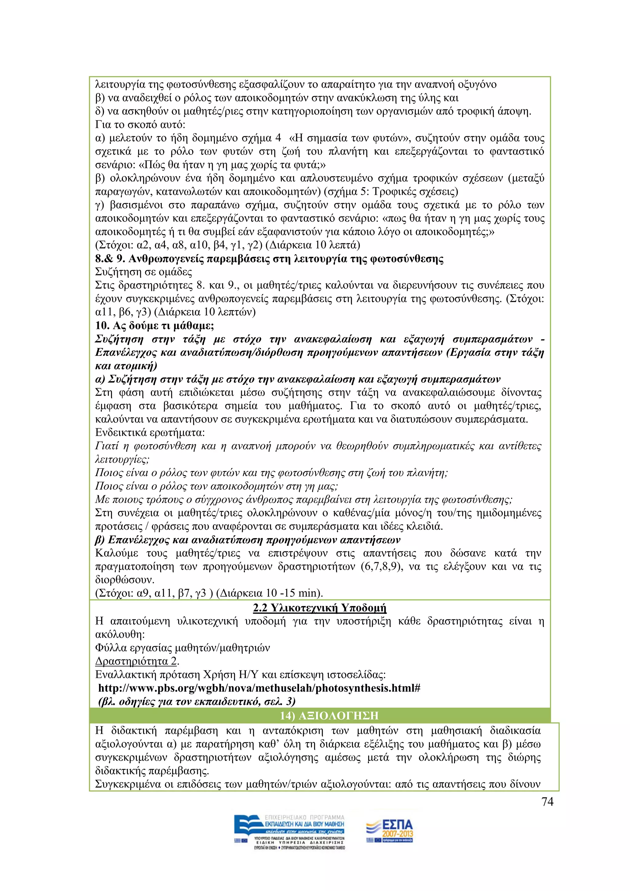 ιεηηνπξγία ηεο θσηνζχλζεζεο εμαζθαιίδνπλ ην απαξαίηεην γηα ηελ αλαπλνή νμπγφλν
β) λα αλαδεηρζεί ν ξφινο ησλ απνηθνδνκεηψλ ζηελ αλαθχθισζε ηεο χιεο θαη
δ) λα αζθεζνχλ νη καζεηέο/ξηεο ζηελ θαηεγνξηνπνίεζε ησλ νξγαληζκψλ απφ ηξνθηθή άπνςε.
Γηα ην ζθνπφ απηφ:
α) κειεηνχλ ην ήδε δνκεκέλν ζρήκα 4 «Ζ ζεκαζία ησλ θπηψλ», ζπδεηνχλ ζηελ νκάδα ηνπο
ζρεηηθά κε ην ξφιν ησλ θπηψλ ζηε δσή ηνπ πιαλήηε θαη επεμεξγάδνληαη ην θαληαζηηθφ
ζελάξην: «Πψο ζα ήηαλ ε γε καο ρσξίο ηα θπηά;»
β) νινθιεξψλνπλ έλα ήδε δνκεκέλν θαη απινπζηεπκέλν ζρήκα ηξνθηθψλ ζρέζεσλ (κεηαμχ
παξαγσγψλ, θαηαλσισηψλ θαη απνηθνδνκεηψλ) (ζρήκα 5: Σξνθηθέο ζρέζεηο)
γ) βαζηζκέλνη ζην παξαπάλσ ζρήκα, ζπδεηνχλ ζηελ νκάδα ηνπο ζρεηηθά κε ην ξφιν ησλ
απνηθνδνκεηψλ θαη επεμεξγάδνληαη ην θαληαζηηθφ ζελάξην: «πσο ζα ήηαλ ε γε καο ρσξίο ηνπο
απνηθνδνκεηέο ή ηη ζα ζπκβεί εάλ εμαθαληζηνχλ γηα θάπνην ιφγν νη απνηθνδνκεηέο;»
(΢ηφρνη: α2, α4, α8, α10, β4, γ1, γ2) (Γηάξθεηα 10 ιεπηά)
8.& 9. Αλζξσπνγελείο παξεκβάζεηο ζηε ιεηηνπξγία ηεο θσηνζχλζεζεο
΢πδήηεζε ζε νκάδεο
΢ηηο δξαζηεξηφηεηεο 8. θαη 9., νη καζεηέο/ηξηεο θαινχληαη λα δηεξεπλήζνπλ ηηο ζπλέπεηεο πνπ
έρνπλ ζπγθεθξηκέλεο αλζξσπνγελείο παξεκβάζεηο ζηε ιεηηνπξγία ηεο θσηνζχλζεζεο. (΢ηφρνη:
α11, β6, γ3) (Γηάξθεηα 10 ιεπηψλ)
10. Αο δνχκε ηη κάζακε;
΢πδήηεζε ζηελ ηάμε κε ζηόρν ηελ αλαθεθαιαίσζε θαη εμαγσγή ζπκπεξαζκάησλ -
Δπαλέιεγρνο θαη αλαδηαηύπσζε/δηόξζσζε πξνεγνύκελσλ απαληήζεσλ (Δξγαζία ζηελ ηάμε
θαη αηνκηθή)
α) ΢πδήηεζε ζηελ ηάμε κε ζηόρν ηελ αλαθεθαιαίσζε θαη εμαγσγή ζπκπεξαζκάησλ
΢ηε θάζε απηή επηδηψθεηαη κέζσ ζπδήηεζεο ζηελ ηάμε λα αλαθεθαιαηψζνπκε δίλνληαο
έκθαζε ζηα βαζηθφηεξα ζεκεία ηνπ καζήκαηνο. Γηα ην ζθνπφ απηφ νη καζεηέο/ηξηεο,
θαινχληαη λα απαληήζνπλ ζε ζπγθεθξηκέλα εξσηήκαηα θαη λα δηαηππψζνπλ ζπκπεξάζκαηα.
Δλδεηθηηθά εξσηήκαηα:
Γηαηί ε θσηνζύλζεζε θαη ε αλαπλνή κπνξνύλ λα ζεσξεζνύλ ζπκπιεξσκαηηθέο θαη αληίζεηεο
ιεηηνπξγίεο;
Πνηνο είλαη ν ξόινο ησλ θπηώλ θαη ηεο θσηνζύλζεζεο ζηε δσή ηνπ πιαλήηε;
Πνηνο είλαη ν ξόινο ησλ απνηθνδνκεηώλ ζηε γε καο;
Με πνηνπο ηξόπνπο ν ζύγρξνλνο άλζξσπνο παξεκβαίλεη ζηε ιεηηνπξγία ηεο θσηνζύλζεζεο;
΢ηε ζπλέρεηα νη καζεηέο/ηξηεο νινθιεξψλνπλ ν θαζέλαο/κία κφλνο/ε ηνπ/ηεο εκηδνκεκέλεο
πξνηάζεηο / θξάζεηο πνπ αλαθέξνληαη ζε ζπκπεξάζκαηα θαη ηδέεο θιεηδηά.
β) Δπαλέιεγρνο θαη αλαδηαηύπσζε πξνεγνύκελσλ απαληήζεσλ
Καινχκε ηνπο καζεηέο/ηξηεο λα επηζηξέςνπλ ζηηο απαληήζεηο πνπ δψζαλε θαηά ηελ
πξαγκαηνπνίεζε ησλ πξνεγνχκελσλ δξαζηεξηνηήησλ (6,7,8,9), λα ηηο ειέγμνπλ θαη λα ηηο
δηνξζψζνπλ.
(΢ηφρνη: α9, α11, β7, γ3 ) (Γηάξθεηα 10 -15 min).
                                   2.2 Τιηθνηερληθή Τπνδνκή
Ζ απαηηνχκελε πιηθνηερληθή ππνδνκή γηα ηελ ππνζηήξημε θάζε δξαζηεξηφηεηαο είλαη ε
αθφινπζε:
Φχιια εξγαζίαο καζεηψλ/καζεηξηψλ
Γξαζηεξηφηεηα 2.
Δλαιιαθηηθή πξφηαζε Υξήζε Ζ/Τ θαη επίζθεςε ηζηνζειίδαο:
 http://www.pbs.org/wgbh/nova/methuselah/photosynthesis.html#
 (βι. νδεγίεο γηα ηνλ εθπαηδεπηηθό, ζει. 3)
                                         14) ΑΞΗΟΛΟΓΖ΢Ζ
Ζ δηδαθηηθή παξέκβαζε θαη ε αληαπφθξηζε ησλ καζεηψλ ζηε καζεζηαθή δηαδηθαζία
αμηνινγνχληαη α) κε παξαηήξεζε θαζ‟ φιε ηε δηάξθεηα εμέιημεο ηνπ καζήκαηνο θαη β) κέζσ
ζπγθεθξηκέλσλ δξαζηεξηνηήησλ αμηνιφγεζεο ακέζσο κεηά ηελ νινθιήξσζε ηεο δηψξεο
δηδαθηηθήο παξέκβαζεο.
΢πγθεθξηκέλα νη επηδφζεηο ησλ καζεηψλ/ηξηψλ αμηνινγνχληαη: απφ ηηο απαληήζεηο πνπ δίλνπλ
                                                                                          74
 