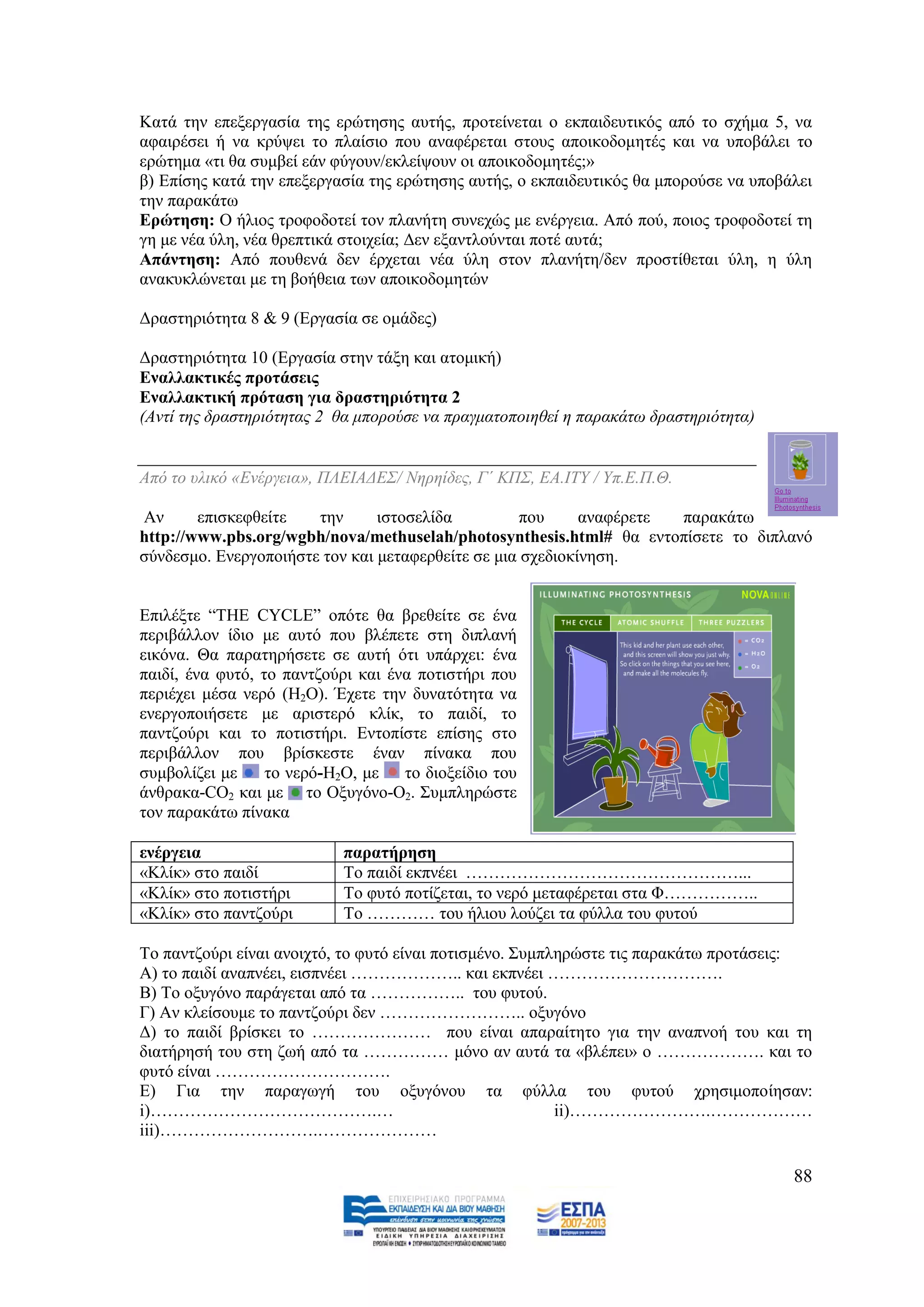 Καηά ηελ επεμεξγαζία ηεο εξψηεζεο απηήο, πξνηείλεηαη ν εθπαηδεπηηθφο απφ ην ζρήκα 5, λα
αθαηξέζεη ή λα θξχςεη ην πιαίζην πνπ αλαθέξεηαη ζηνπο απνηθνδνκεηέο θαη λα ππνβάιεη ην
εξψηεκα «ηη ζα ζπκβεί εάλ θχγνπλ/εθιείςνπλ νη απνηθνδνκεηέο;»
β) Δπίζεο θαηά ηελ επεμεξγαζία ηεο εξψηεζεο απηήο, ν εθπαηδεπηηθφο ζα κπνξνχζε λα ππνβάιεη
ηελ παξαθάησ
Δξψηεζε: Ο ήιηνο ηξνθνδνηεί ηνλ πιαλήηε ζπλερψο κε ελέξγεηα. Απφ πνχ, πνηνο ηξνθνδνηεί ηε
γε κε λέα χιε, λέα ζξεπηηθά ζηνηρεία; Γελ εμαληινχληαη πνηέ απηά;
Απάληεζε: Απφ πνπζελά δελ έξρεηαη λέα χιε ζηνλ πιαλήηε/δελ πξνζηίζεηαη χιε, ε χιε
αλαθπθιψλεηαη κε ηε βνήζεηα ησλ απνηθνδνκεηψλ

Γξαζηεξηφηεηα 8 & 9 (Δξγαζία ζε νκάδεο)

Γξαζηεξηφηεηα 10 (Δξγαζία ζηελ ηάμε θαη αηνκηθή)
Δλαιιαθηηθέο πξνηάζεηο
Δλαιιαθηηθή πξφηαζε γηα δξαζηεξηφηεηα 2
(Αληί ηεο δξαζηεξηόηεηαο 2 ζα κπνξνύζε λα πξαγκαηνπνηεζεί ε παξαθάησ δξαζηεξηόηεηα)


Από ην πιηθό «Δλέξγεηα», ΠΛΔΗΑΓΔΣ/ Νεξείδεο, Γ΄ ΚΠΣ, ΔΑ.ΗΤΥ / Υπ.Δ.Π.Θ.

Αλ      επηζθεθζείηε   ηελ      ηζηνζειίδα          πνπ     αλαθέξεηε παξαθάησ
http://www.pbs.org/wgbh/nova/methuselah/photosynthesis.html# ζα εληνπίζεηε ην δηπιαλφ
ζχλδεζκν. Δλεξγνπνηήζηε ηνλ θαη κεηαθεξζείηε ζε κηα ζρεδηνθίλεζε.


Δπηιέμηε “THE CYCLE” νπφηε ζα βξεζείηε ζε έλα
πεξηβάιινλ ίδην κε απηφ πνπ βιέπεηε ζηε δηπιαλή
εηθφλα. Θα παξαηεξήζεηε ζε απηή φηη ππάξρεη: έλα
παηδί, έλα θπηφ, ην παληδνχξη θαη έλα πνηηζηήξη πνπ
πεξηέρεη κέζα λεξφ (Ζ2Ο). Έρεηε ηελ δπλαηφηεηα λα
ελεξγνπνηήζεηε κε αξηζηεξφ θιίθ, ην παηδί, ην
παληδνχξη θαη ην πνηηζηήξη. Δληνπίζηε επίζεο ζην
πεξηβάιινλ πνπ βξίζθεζηε έλαλ πίλαθα πνπ
ζπκβνιίδεη κε     ην λεξφ-Ζ2Ο, κε   ην δηνμείδην ηνπ
άλζξαθα-CO2 θαη κε ην Ομπγφλν-Ο2. ΢πκπιεξψζηε
ηνλ παξαθάησ πίλαθα

ελέξγεηα                    παξαηήξεζε
«Κιίθ» ζην παηδί            Σν παηδί εθπλέεη …………………………………………...
«Κιίθ» ζην πνηηζηήξη        Σν θπηφ πνηίδεηαη, ην λεξφ κεηαθέξεηαη ζηα Φ……………..
«Κιίθ» ζην παληδνχξη        Σν ………… ηνπ ήιηνπ ινχδεη ηα θχιια ηνπ θπηνχ

Σν παληδνχξη είλαη αλνηρηφ, ην θπηφ είλαη πνηηζκέλν. ΢πκπιεξψζηε ηηο παξαθάησ πξνηάζεηο:
Α) ην παηδί αλαπλέεη, εηζπλέεη ……………….. θαη εθπλέεη ………………………….
Β) Σν νμπγφλν παξάγεηαη απφ ηα …………….. ηνπ θπηνχ.
Γ) Αλ θιείζνπκε ην παληδνχξη δελ …………………….. νμπγφλν
Γ) ην παηδί βξίζθεη ην ………………… πνπ είλαη απαξαίηεην γηα ηελ αλαπλνή ηνπ θαη ηε
δηαηήξεζή ηνπ ζηε δσή απφ ηα …………… κφλν αλ απηά ηα «βιέπεη» ν ………………. θαη ην
θπηφ είλαη ………………………….
Δ) Γηα ηελ παξαγσγή ηνπ νμπγφλνπ ηα θχιια ηνπ θπηνχ ρξεζηκνπνίεζαλ:
i)………………………………….…                                         ii)…………………….………………
iii)……………………….…………………

                                                                                       88
 