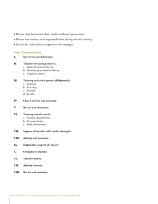 16 © 2009 Society for Human Resource Management. Myrna L. Gusdorf, MBA, SPHR
• Discuss three factors that affect transfer and learner performance.
• Discuss how transfer can be supported before, during and after training.
• Identify key stakeholders to support transfer strategies.
Unit 7: Content Outline
I. Key terms and definitions.
II. Transfer-of-training theories:
Identical elements theory.
a.
Stimulus generalization theory.
b.
Cognitive theory.
c.
III. Training evaluation process (Kirkpatrick):
Reaction.
a.
Learning.
b.
Transfer.
c.
Results.
d.
IV. Class 1 activity and summary.
V. Review and discussion.
VI. Training transfer model:
Learner characteristics.
a.
Training design.
b.
Work environment.
c.
VII. Support of transfer and transfer strategies.
VIII. Activity and summary.
IX. Stakeholder support of transfer.
X. Obstacles to transfer.
XI. Transfer matrix.
XII. Activity scenario.
XIII. Review and summary.
 
